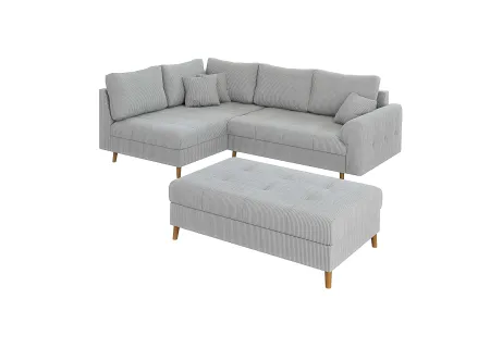 Maya - Ecksofa mit Schlaffunktion und Hocker mit Braun Holzfüßen im skandinavischen Stil aus Cord-Stoff