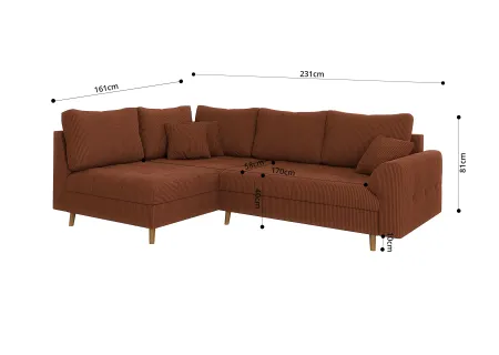 Maya - Ecksofa mit Braun Holzfüßen im skandinavischen Stil aus Cord-Stoff