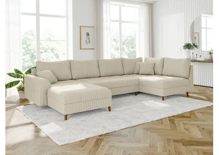 Maya - Wohnlandschaft mit Schlaffunktion und Hocker mit Braun Holzfüßen im skandinavischen Stil aus Cord-Stoff