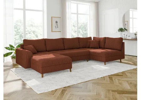 Maya - Wohnlandschaft mit Schlaffunktion und Hocker mit Braun Holzfüßen im skandinavischen Stil aus Cord-Stoff