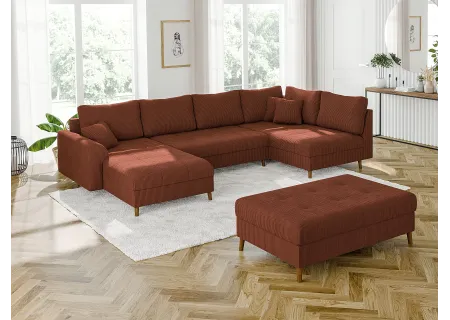 Maya - Wohnlandschaft mit Schlaffunktion und Hocker mit Braun Holzfüßen im skandinavischen Stil aus Cord-Stoff