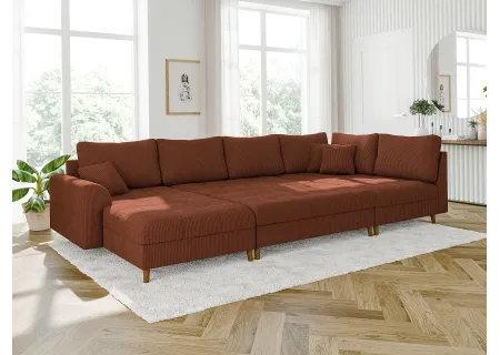 Maya - Wohnlandschaft mit Schlaffunktion und Hocker mit Braun Holzfüßen im skandinavischen Stil aus Cord-Stoff