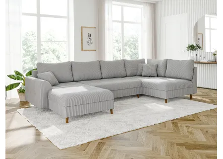 Maya - Wohnlandschaft mit Schlaffunktion und Hocker mit Braun Holzfüßen im skandinavischen Stil aus Cord-Stoff