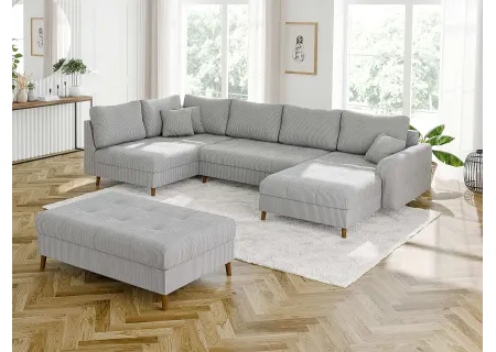 Maya - Wohnlandschaft mit Schlaffunktion und Hocker mit Braun Holzfüßen im skandinavischen Stil aus Cord-Stoff