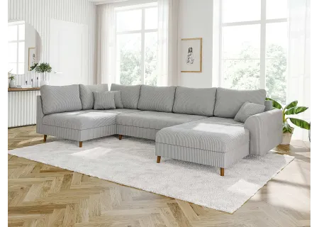 Maya - Wohnlandschaft mit Schlaffunktion und Hocker mit Braun Holzfüßen im skandinavischen Stil aus Cord-Stoff