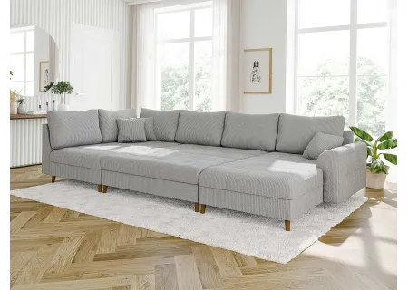 Maya - Wohnlandschaft mit Schlaffunktion und Hocker mit Braun Holzfüßen im skandinavischen Stil aus Cord-Stoff