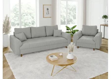 Maya - Sofa 3 sitzer mit Braun Holzfüßen im skandinavischen Stil aus Cord-Stoff