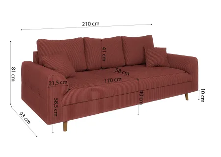 Maya - Sofa 3 sitzer mit Braun Holzfüßen im skandinavischen Stil aus Cord-Stoff