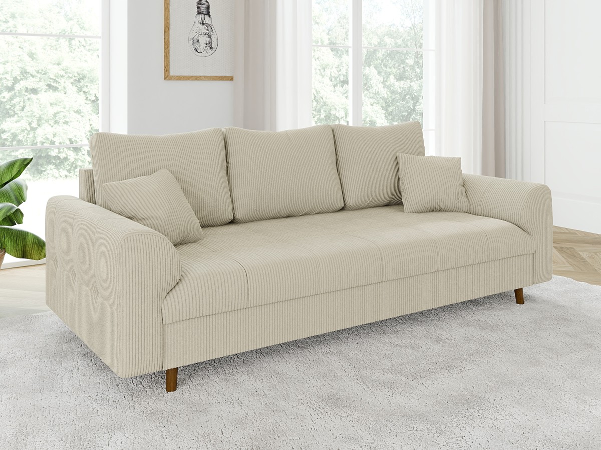 Maya - Sofa 3 sitzer mit Braun Holzfüßen im skandinavischen Stil aus Cord-Stoff