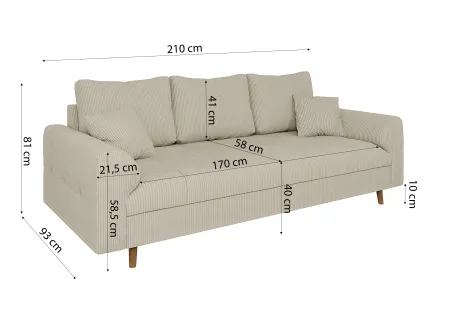 Maya - Sofa 3 sitzer mit Braun Holzfüßen im skandinavischen Stil aus Cord-Stoff