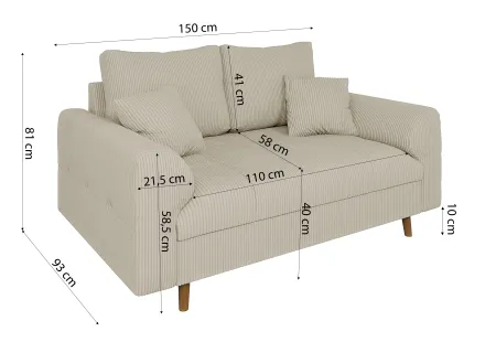 Maya - Polstergarnitur 2+1 mit Braun Holzfüßen im skandinavischen Stil aus Cord-Stoff