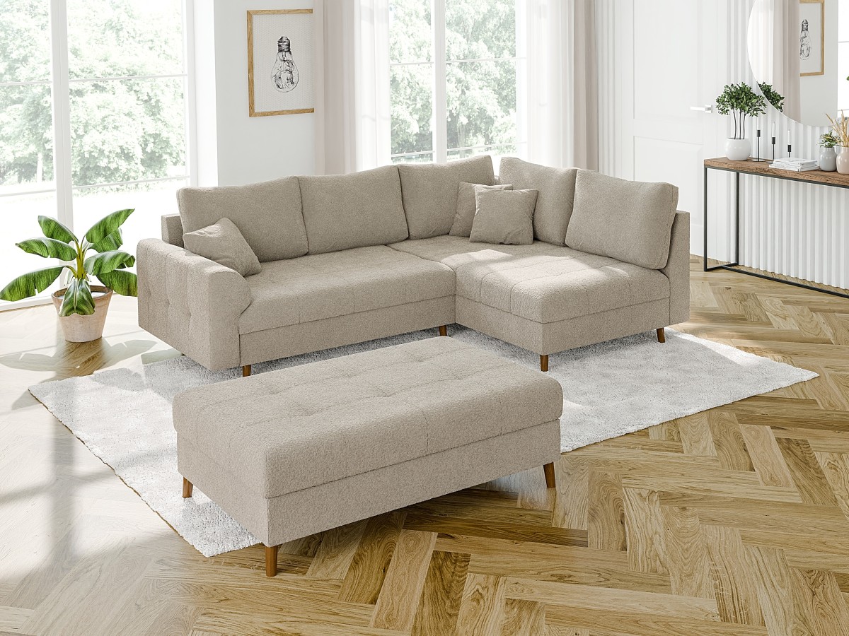 Lars - Ecksofa mit Schlaffunktion und Hocker mit Braun Holzfüßen im skandinavischen Stil aus Boucle-Stoff