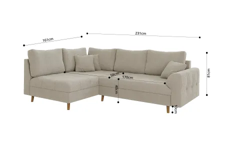 Lars - Ecksofa mit Schlaffunktion und Hocker mit Braun Holzfüßen im skandinavischen Stil aus Boucle-Stoff