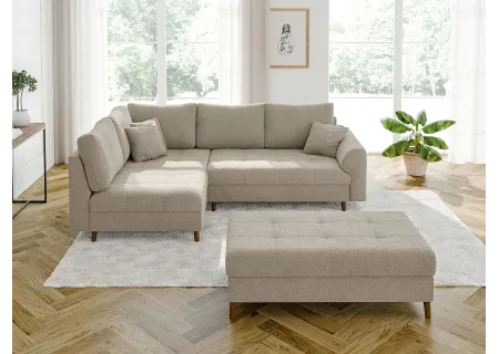 Lars - Ecksofa mit Schlaffunktion und Hocker mit Braun Holzfüßen im skandinavischen Stil aus Boucle-Stoff