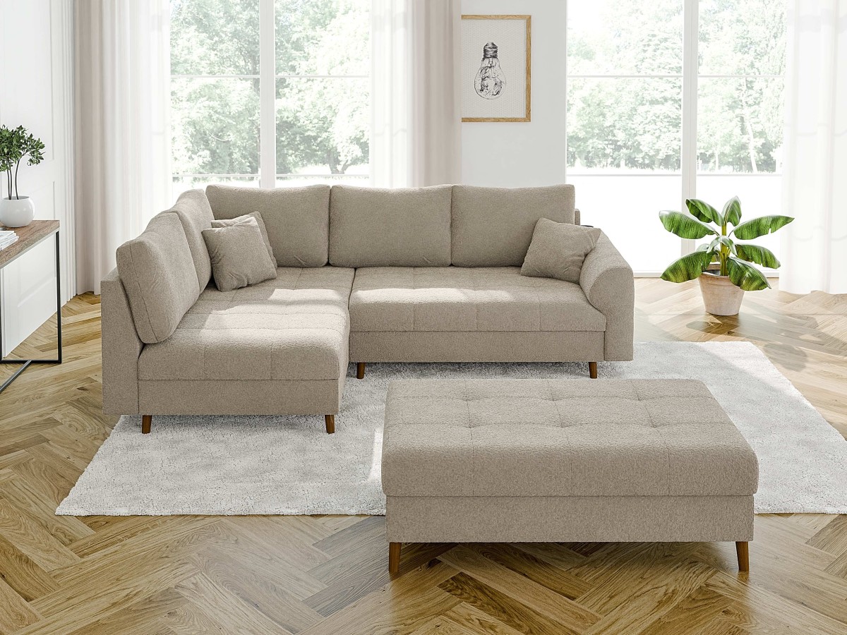 Lars - Ecksofa mit Schlaffunktion und Hocker mit Braun Holzfüßen im skandinavischen Stil aus Boucle-Stoff