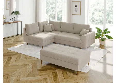 Lars - Ecksofa mit Schlaffunktion und Hocker mit Braun Holzfüßen im skandinavischen Stil aus Boucle-Stoff