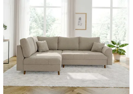 Lars - Ecksofa mit Schlaffunktion und Hocker mit Braun Holzfüßen im skandinavischen Stil aus Boucle-Stoff