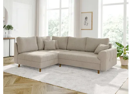 Lars - Ecksofa mit Schlaffunktion und Hocker mit Braun Holzfüßen im skandinavischen Stil aus Boucle-Stoff