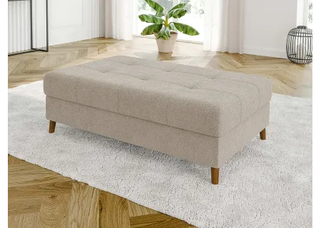 Lars - Ecksofa mit Schlaffunktion und Hocker mit Braun Holzfüßen im skandinavischen Stil aus Boucle-Stoff