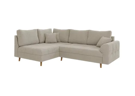 Lars - Ecksofa mit Schlaffunktion und Hocker mit Braun Holzfüßen im skandinavischen Stil aus Boucle-Stoff