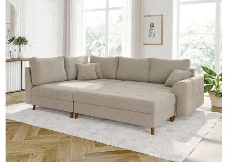 Lars - Ecksofa mit Schlaffunktion und Hocker mit Braun Holzfüßen im skandinavischen Stil aus Boucle-Stoff