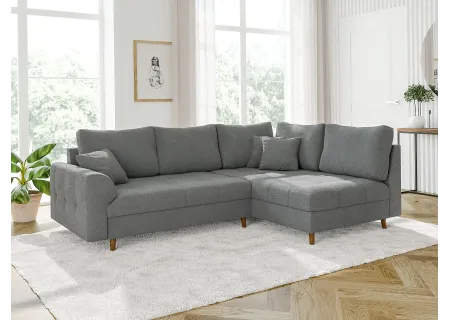 Lars - Ecksofa mit Schlaffunktion und Hocker mit Braun Holzfüßen im skandinavischen Stil aus Boucle-Stoff