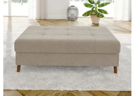 Lars - Ecksofa mit Schlaffunktion und Hocker mit Braun Holzfüßen im skandinavischen Stil aus Boucle-Stoff