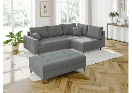 Lars - Ecksofa mit Schlaffunktion und Hocker mit Braun Holzfüßen im skandinavischen Stil aus Boucle-Stoff