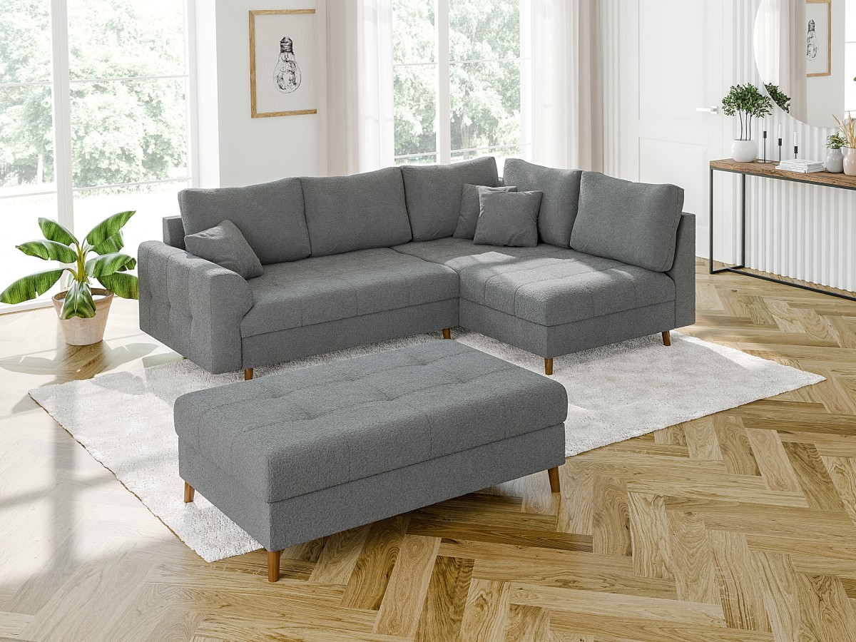 Lars - Ecksofa mit Schlaffunktion und Hocker mit Braun Holzfüßen im skandinavischen Stil aus Boucle-Stoff