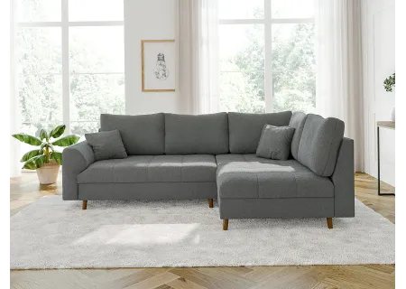 Lars - Ecksofa mit Schlaffunktion und Hocker mit Braun Holzfüßen im skandinavischen Stil aus Boucle-Stoff