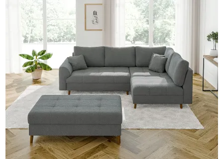 Lars - Ecksofa mit Schlaffunktion und Hocker mit Braun Holzfüßen im skandinavischen Stil aus Boucle-Stoff