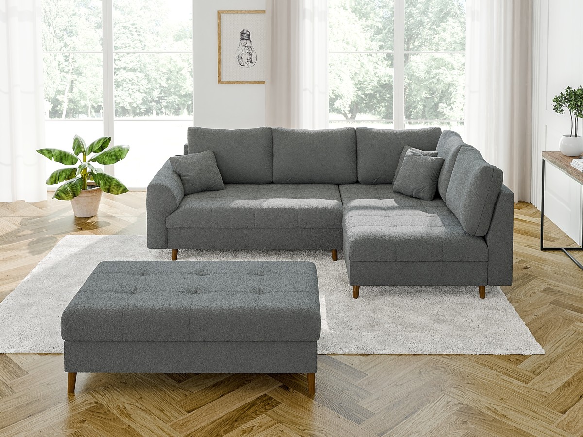 Lars - Ecksofa mit Schlaffunktion und Hocker mit Braun Holzfüßen im skandinavischen Stil aus Boucle-Stoff