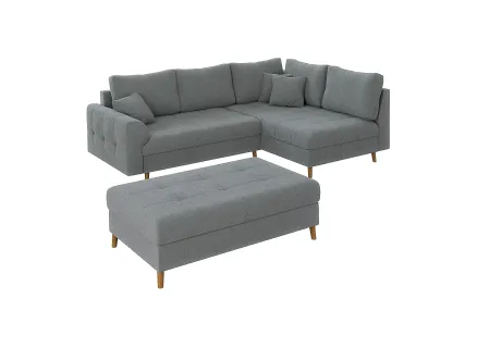 Lars - Ecksofa mit Schlaffunktion und Hocker mit Braun Holzfüßen im skandinavischen Stil aus Boucle-Stoff