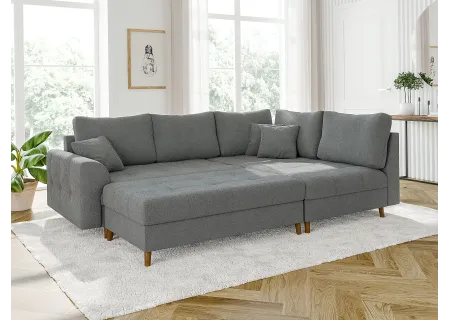 Lars - Ecksofa mit Schlaffunktion und Hocker mit Braun Holzfüßen im skandinavischen Stil aus Boucle-Stoff