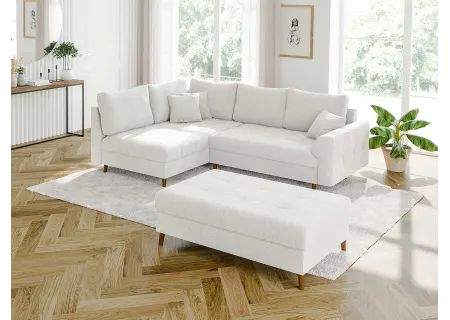 Lars - Ecksofa mit Schlaffunktion und Hocker mit Braun Holzfüßen im skandinavischen Stil aus Boucle-Stoff