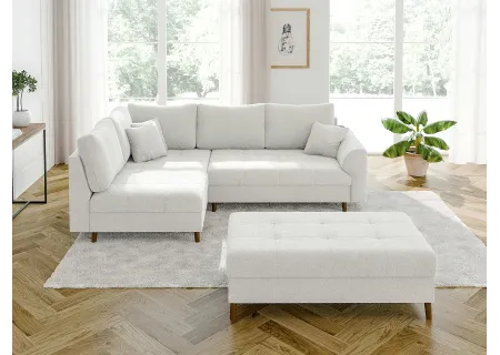 Lars - Ecksofa mit Schlaffunktion und Hocker mit Braun Holzfüßen im skandinavischen Stil aus Boucle-Stoff