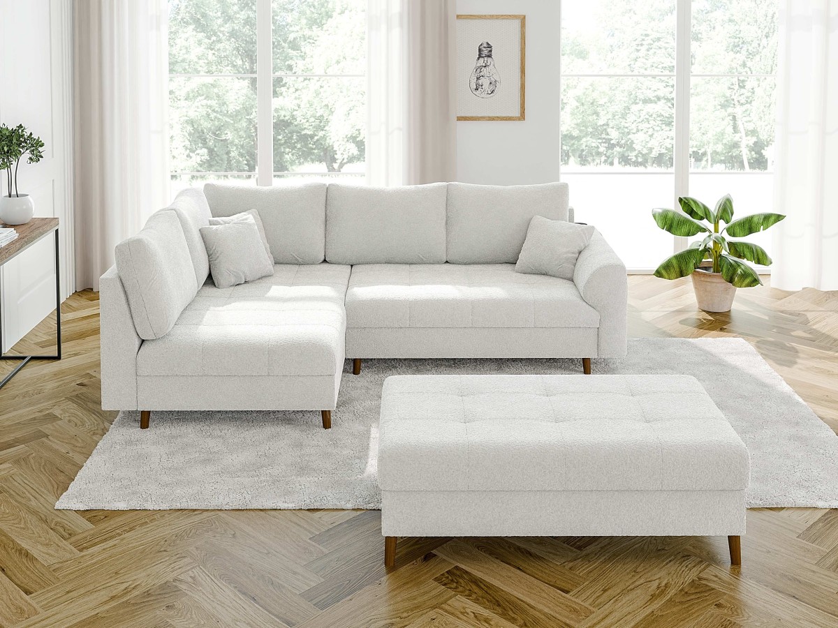 Lars - Ecksofa mit Schlaffunktion und Hocker mit Braun Holzfüßen im skandinavischen Stil aus Boucle-Stoff