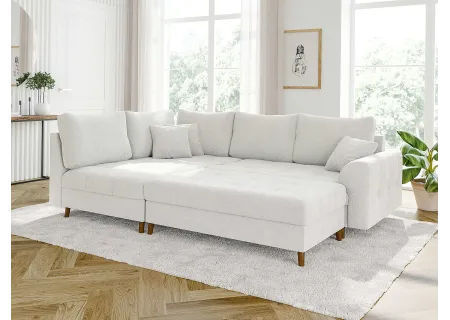 Lars - Ecksofa mit Schlaffunktion und Hocker mit Braun Holzfüßen im skandinavischen Stil aus Boucle-Stoff