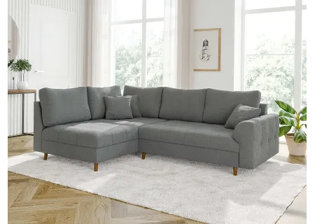 Lars - Ecksofa mit Schlaffunktion und Hocker mit Braun Holzfüßen im skandinavischen Stil aus Boucle-Stoff