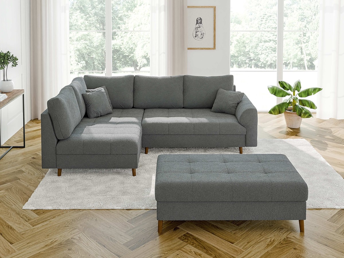 Lars - Ecksofa mit Schlaffunktion und Hocker mit Braun Holzfüßen im skandinavischen Stil aus Boucle-Stoff