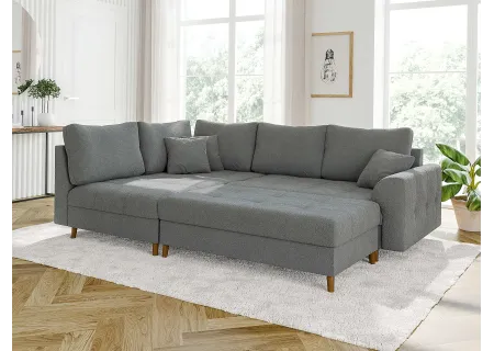 Lars - Ecksofa mit Schlaffunktion und Hocker mit Braun Holzfüßen im skandinavischen Stil aus Boucle-Stoff