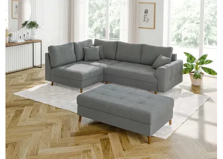 Lars - Ecksofa mit Schlaffunktion und Hocker mit Braun Holzfüßen im skandinavischen Stil aus Boucle-Stoff