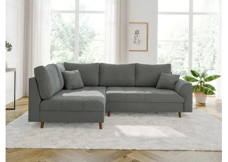 Lars - Ecksofa mit Schlaffunktion und Hocker mit Braun Holzfüßen im skandinavischen Stil aus Boucle-Stoff