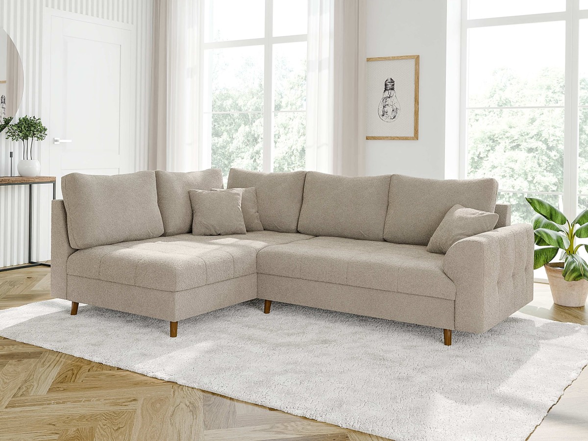 Lars - Ecksofa mit Braun Holzfüßen im skandinavischen Stil aus Boucle-Stoff