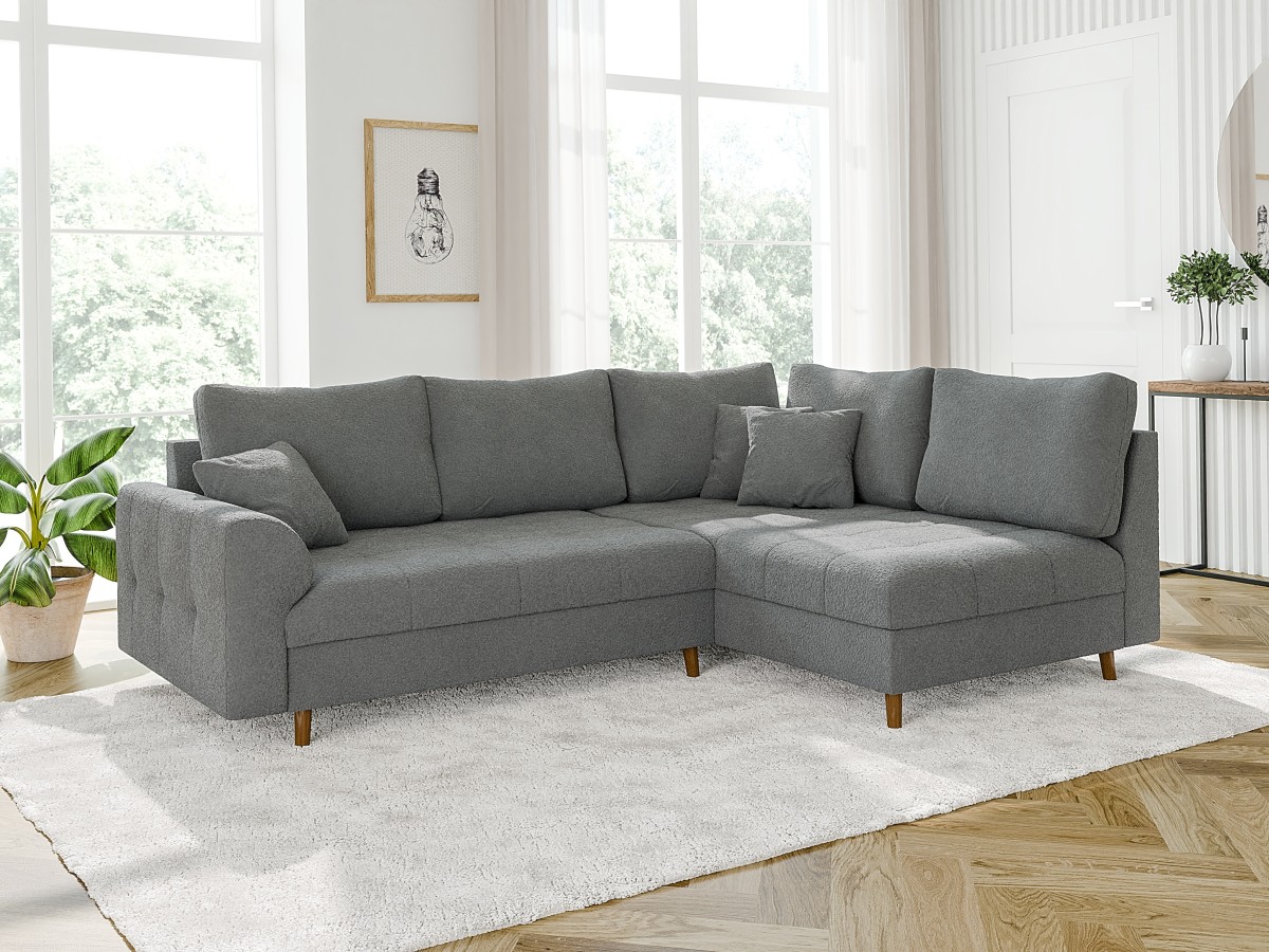 Lars - Ecksofa mit Braun Holzfüßen im skandinavischen Stil aus Boucle-Stoff