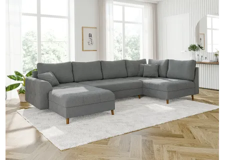 Lars - Wohnlandschaft mit Schlaffunktion und Hocker mit Braun Holzfüßen im skandinavischen Stil aus Boucle-Stoff