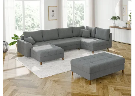 Lars - Wohnlandschaft mit Schlaffunktion und Hocker mit Braun Holzfüßen im skandinavischen Stil aus Boucle-Stoff