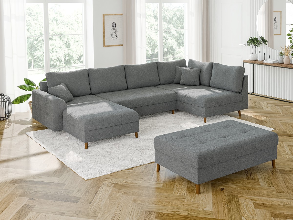 Lars - Wohnlandschaft mit Schlaffunktion und Hocker mit Braun Holzfüßen im skandinavischen Stil aus Boucle-Stoff