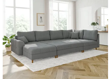 Lars - Wohnlandschaft mit Schlaffunktion und Hocker mit Braun Holzfüßen im skandinavischen Stil aus Boucle-Stoff