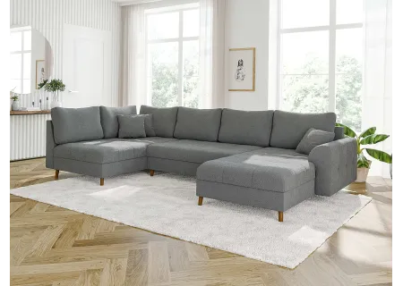 Lars - Wohnlandschaft mit Schlaffunktion und Hocker mit Braun Holzfüßen im skandinavischen Stil aus Boucle-Stoff